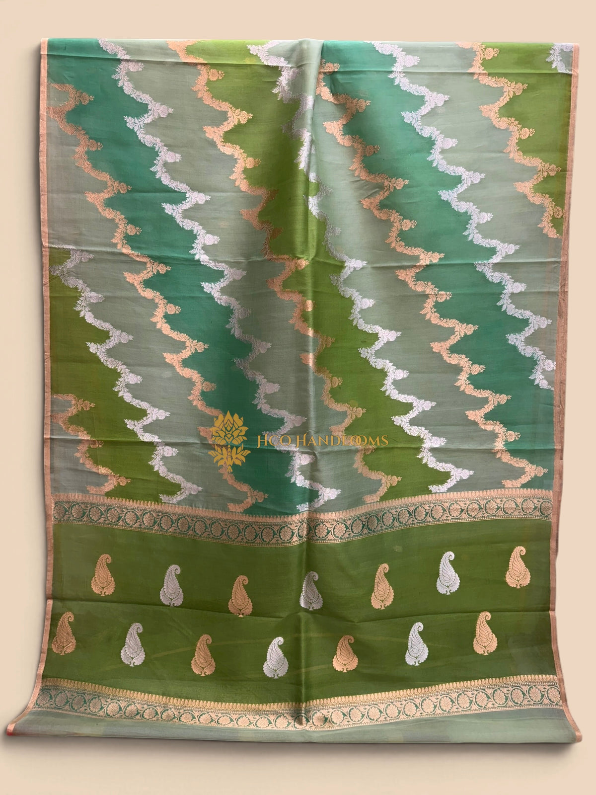Pure Kora Silk Handloom Banarasi Saree - All Over Lahariya Rangkat