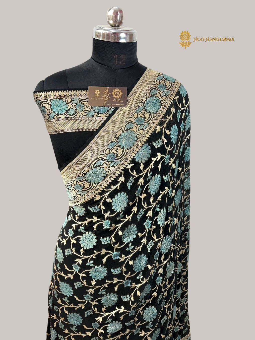 Black Pure Khaddi Georgette Silk Meenakari Handloom Banarasi Saree - Water Zari