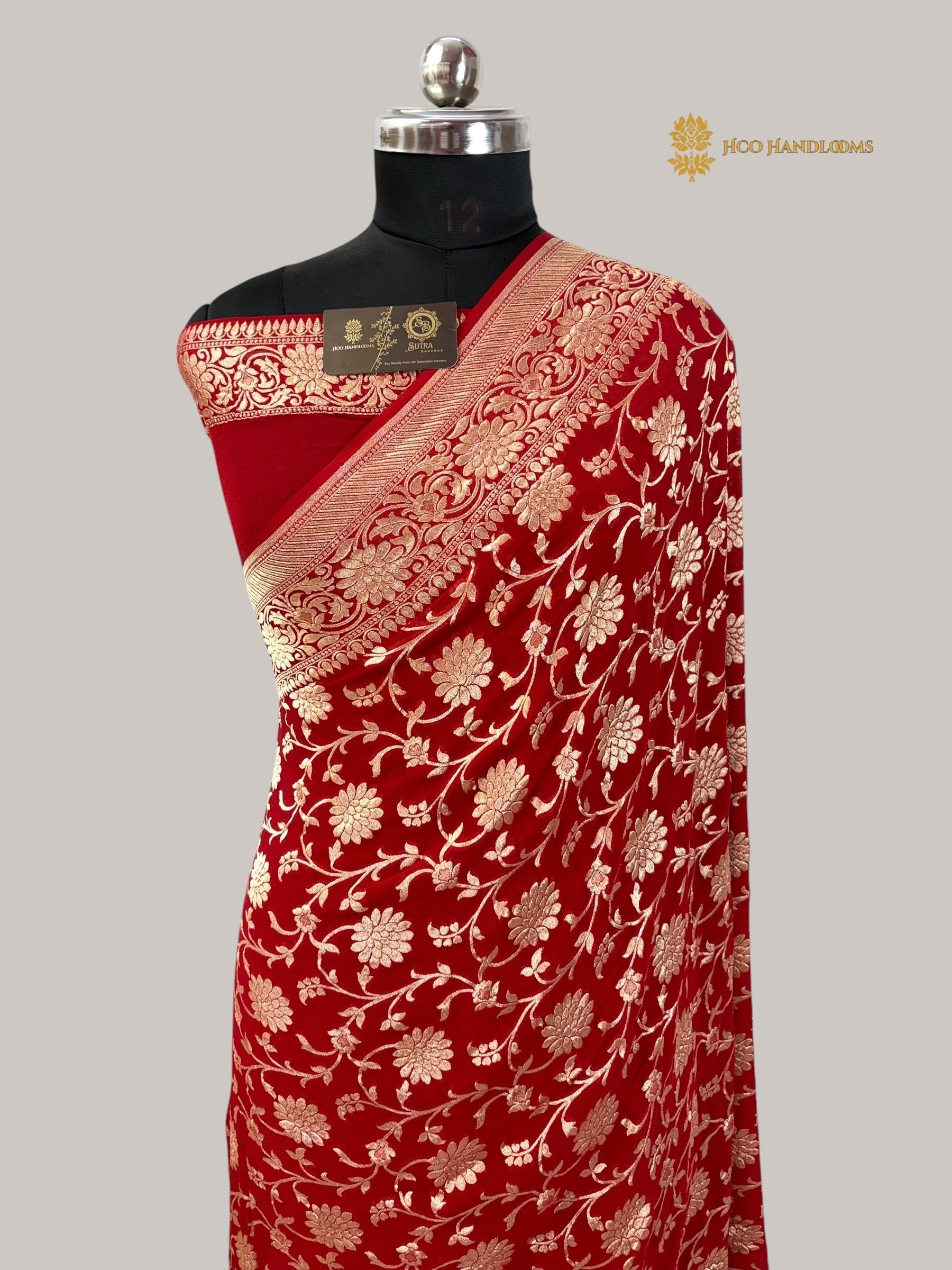 Red Pure Khaddi Georgette Silk Handloom Banarasi Saree - Water Zari