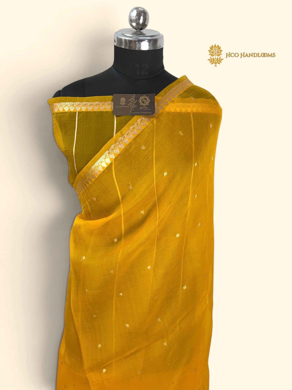 Gold Pure Kora Silk Handloom Banarasi Saree - All Over Small Buti