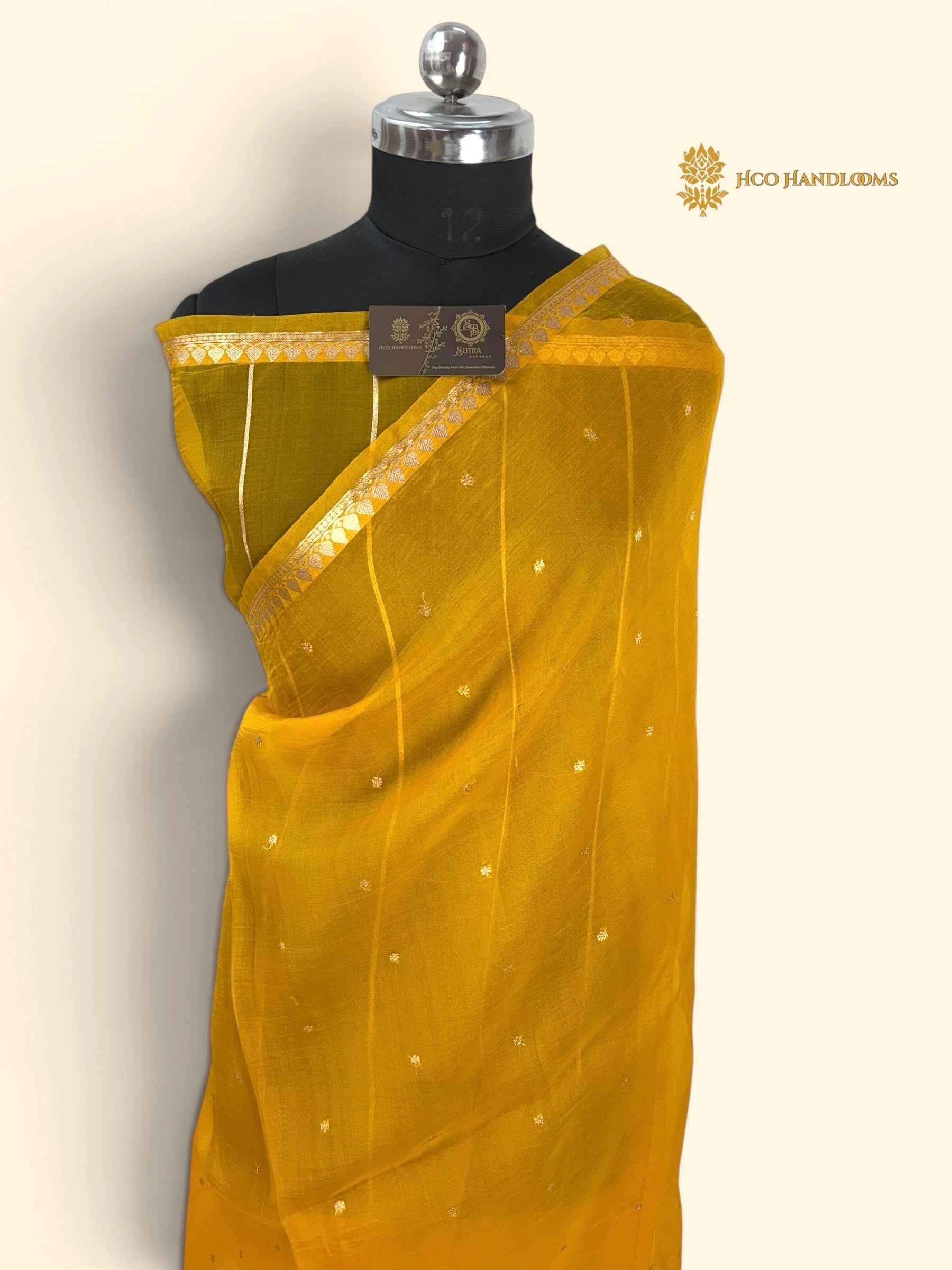 Gold Pure Kora Silk Handloom Banarasi Saree - All Over Small Buti