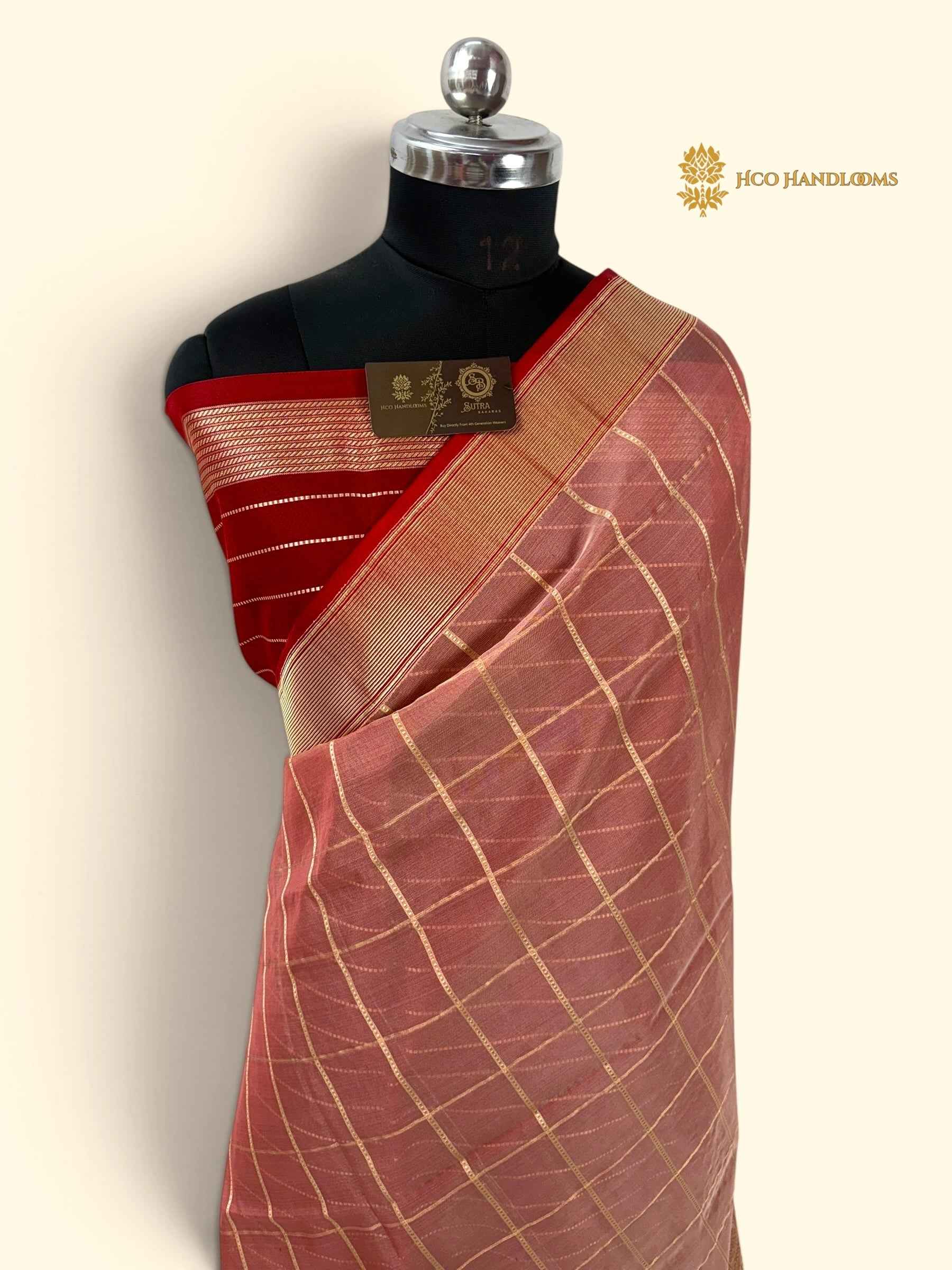 Pure Kora Silk Handloom Banarasi Saree - All Over Square With Meenakari Skirt Border