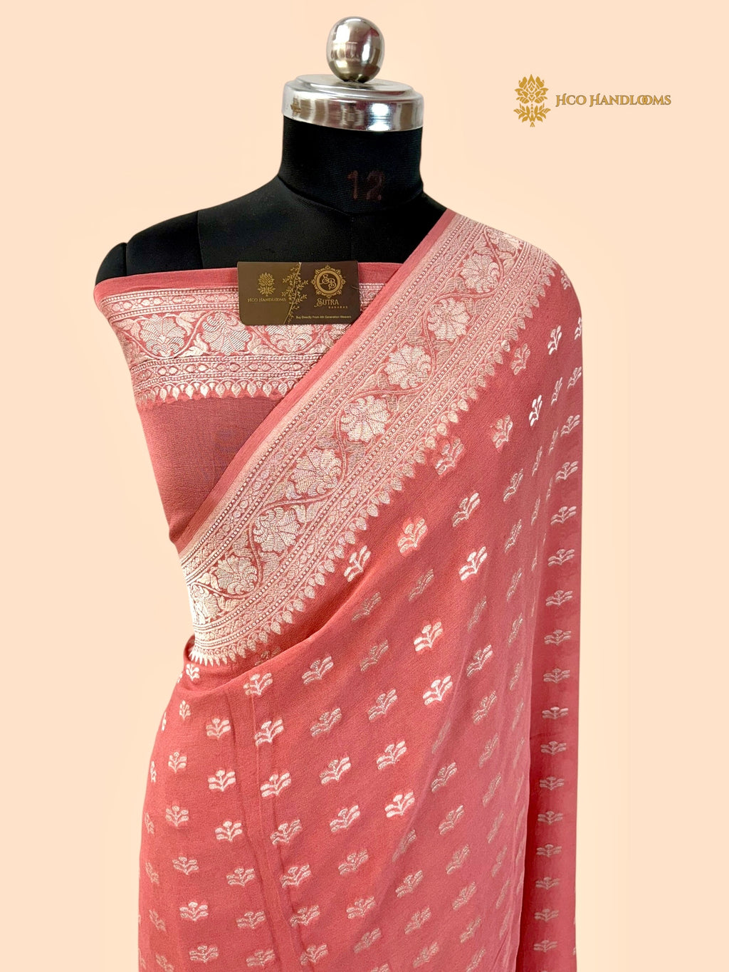 Peach Pure Khaddi Georgette Silk Handloom Banarasi Saree