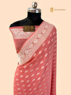 Peach Pure Khaddi Georgette Silk Handloom Banarasi Saree