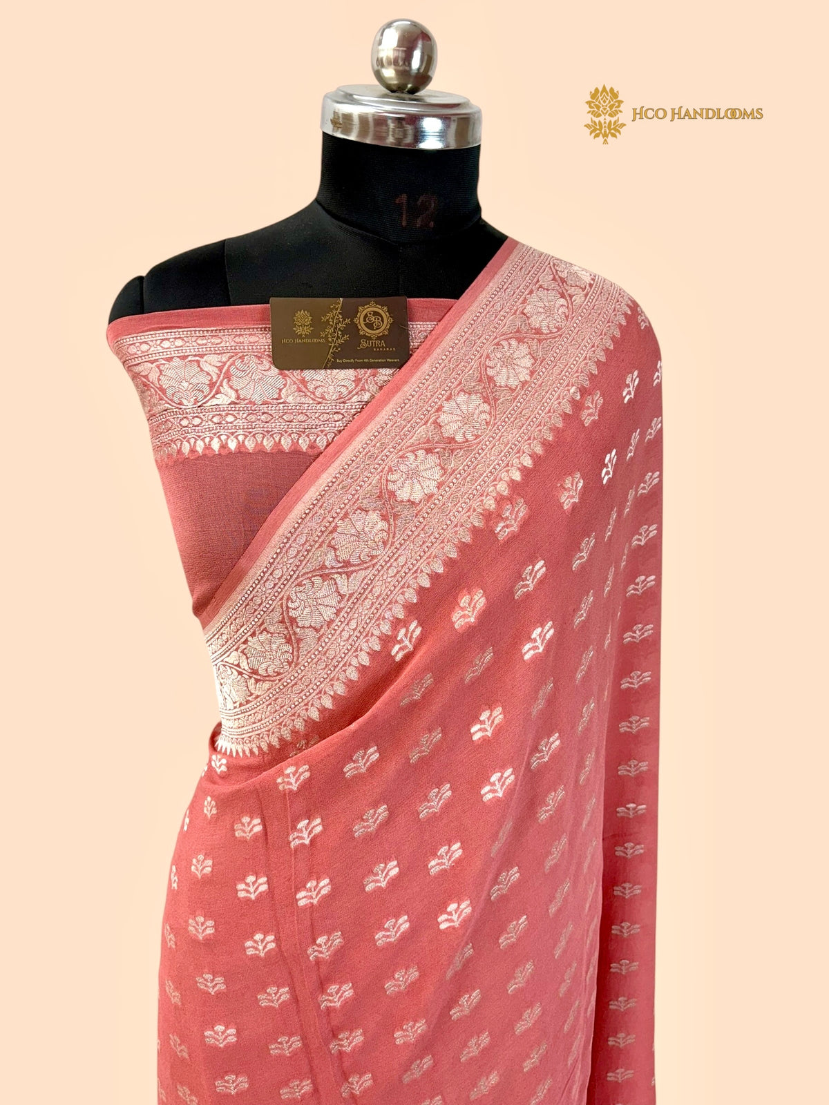 Peach Pure Khaddi Georgette Silk Handloom Banarasi Saree