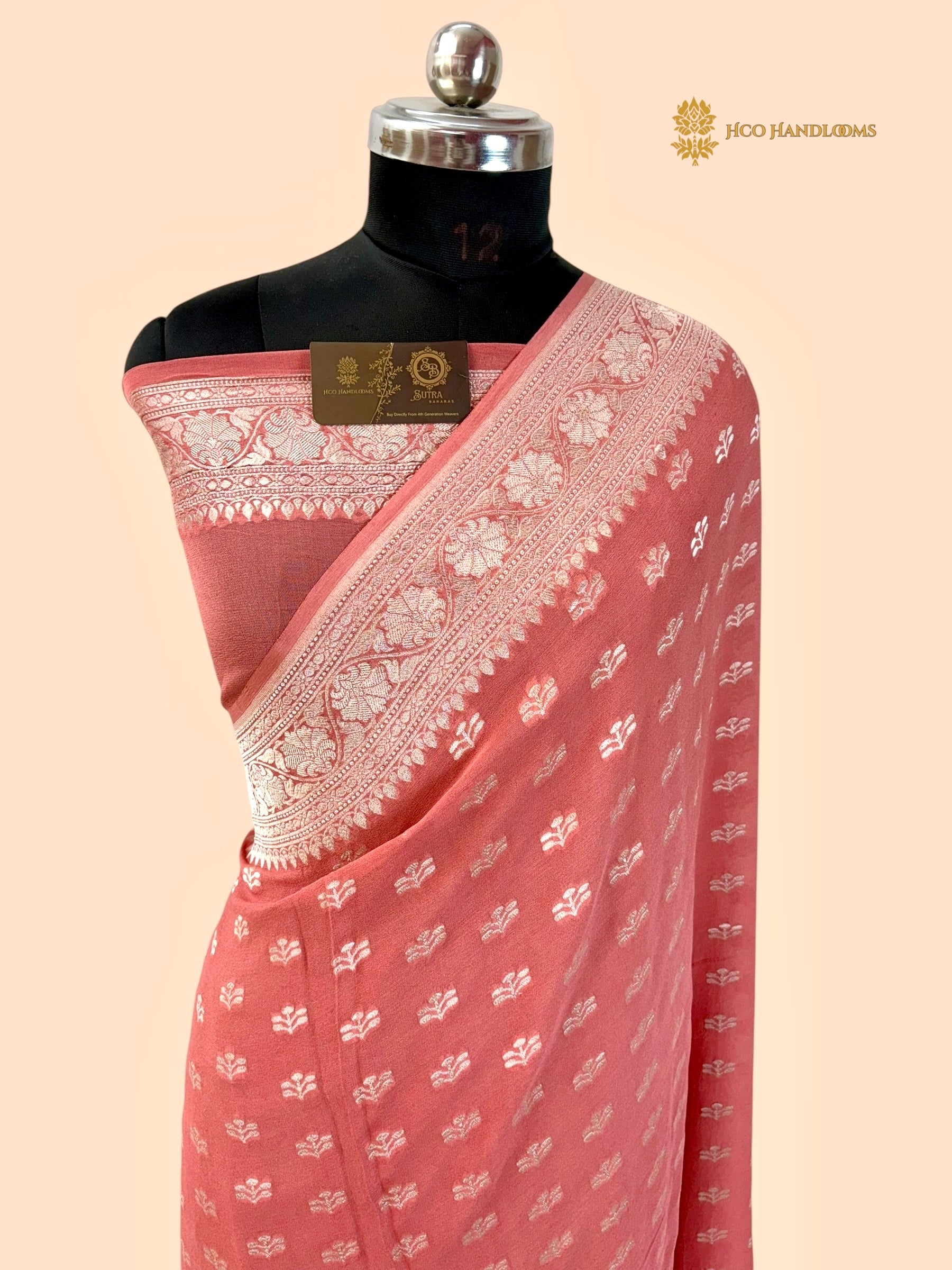 Peach Pure Khaddi Georgette Silk Handloom Banarasi Saree