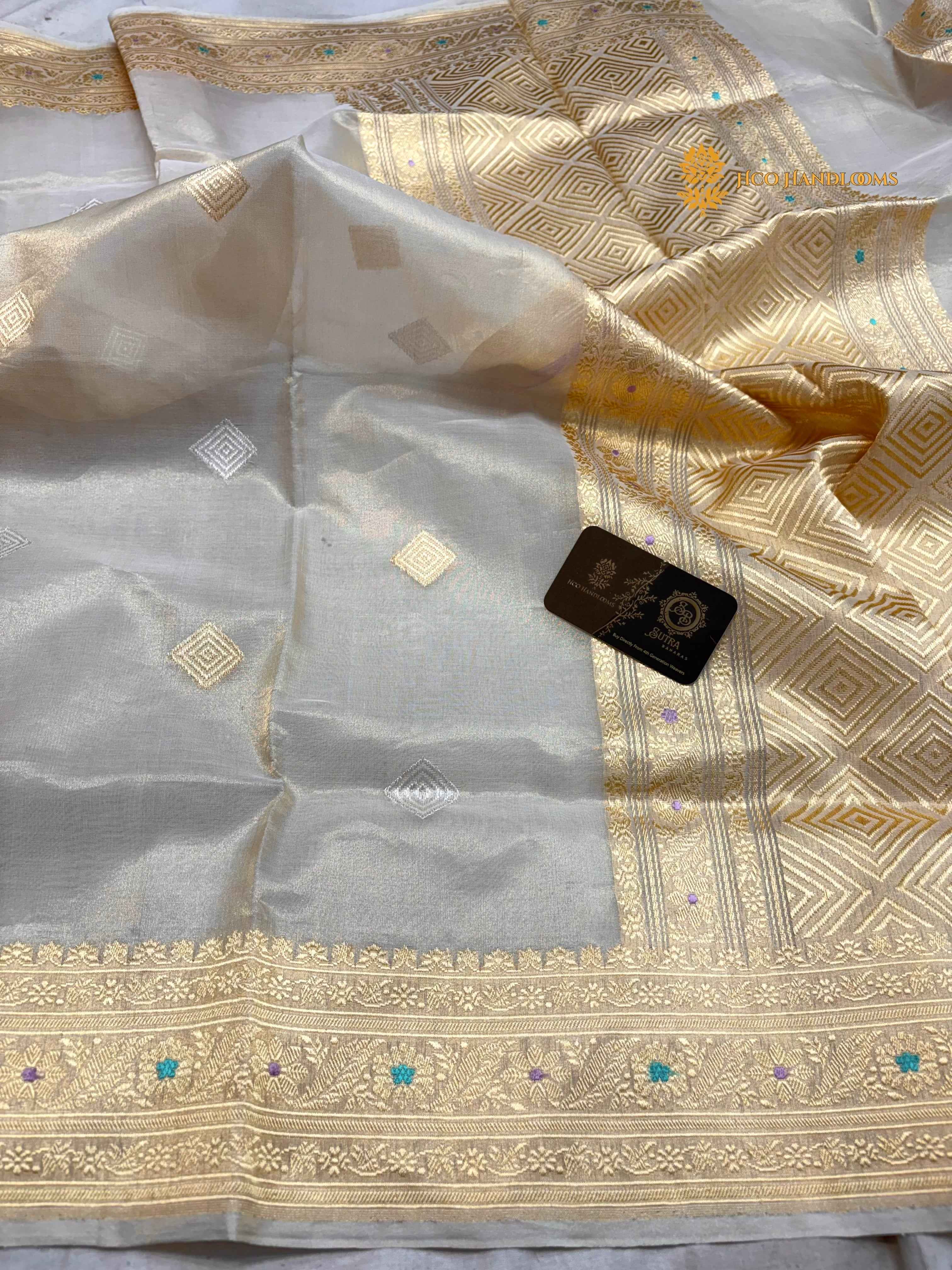 Regal Ivory Pure Kora Tissue Silk Handloom Banarasi Saree - All Over Kadhua Motifs