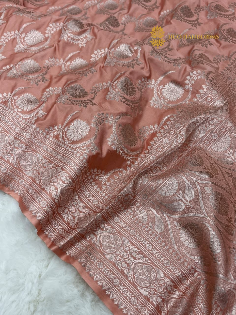 Peach Premium Mashru Katan Silk Banarasi Saree - All Over Jaal