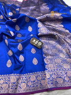 Royal Blue Pure Katan Silk Handloom banarasi saree - All Over Kadhua Motifs