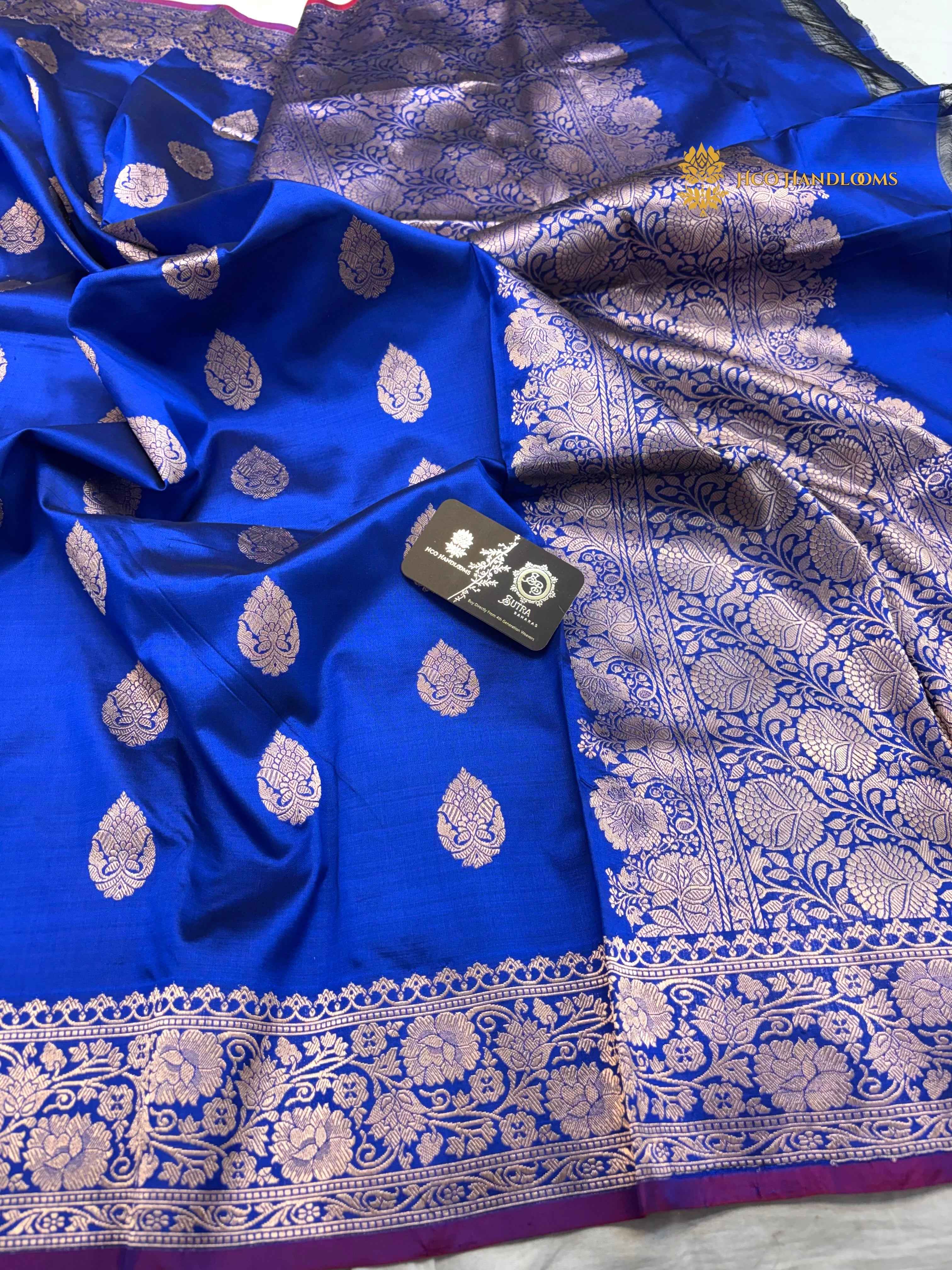Royal Blue Pure Katan Silk Handloom banarasi saree - All Over Kadhua Motifs