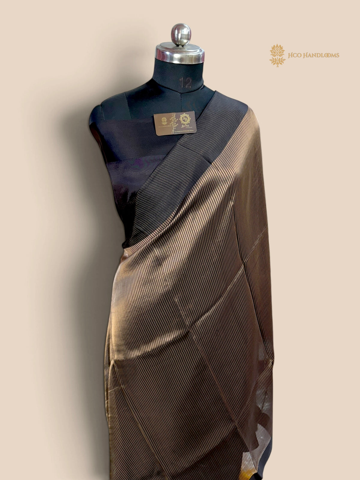 Black Pure Moonga Tissue Silk Handloom Banarasi Saree - All Over Stripes