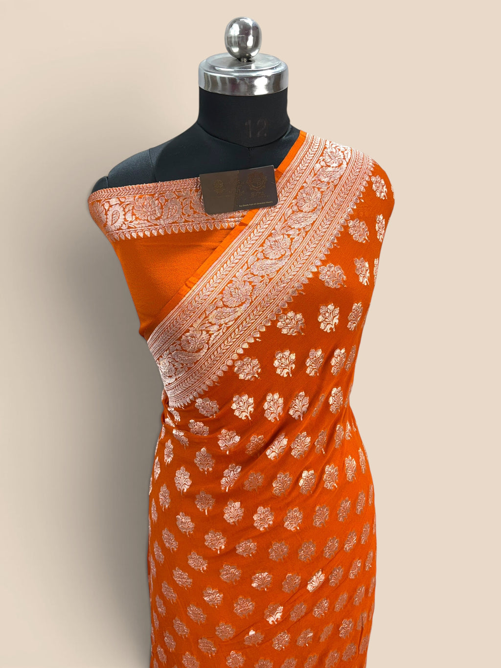 Orange Pure Khaddi Georgette Silk handloom Banarasi Saree - Silver Zari