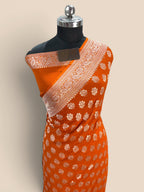 Orange Pure Khaddi Georgette Silk handloom Banarasi Saree - Silver Zari