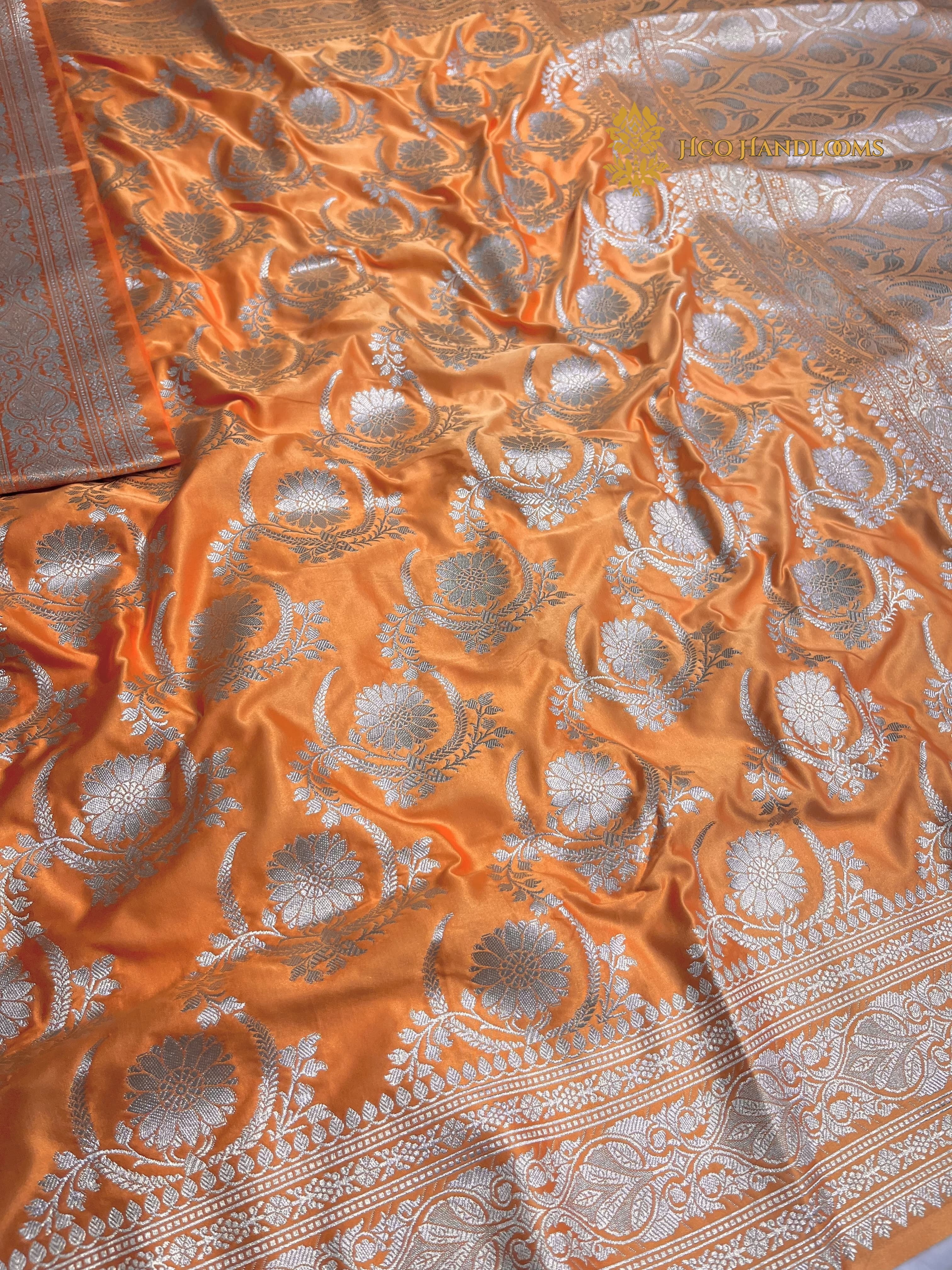 Orange Premium Mashru Katan Silk Banarasi Saree - All Over Jaal