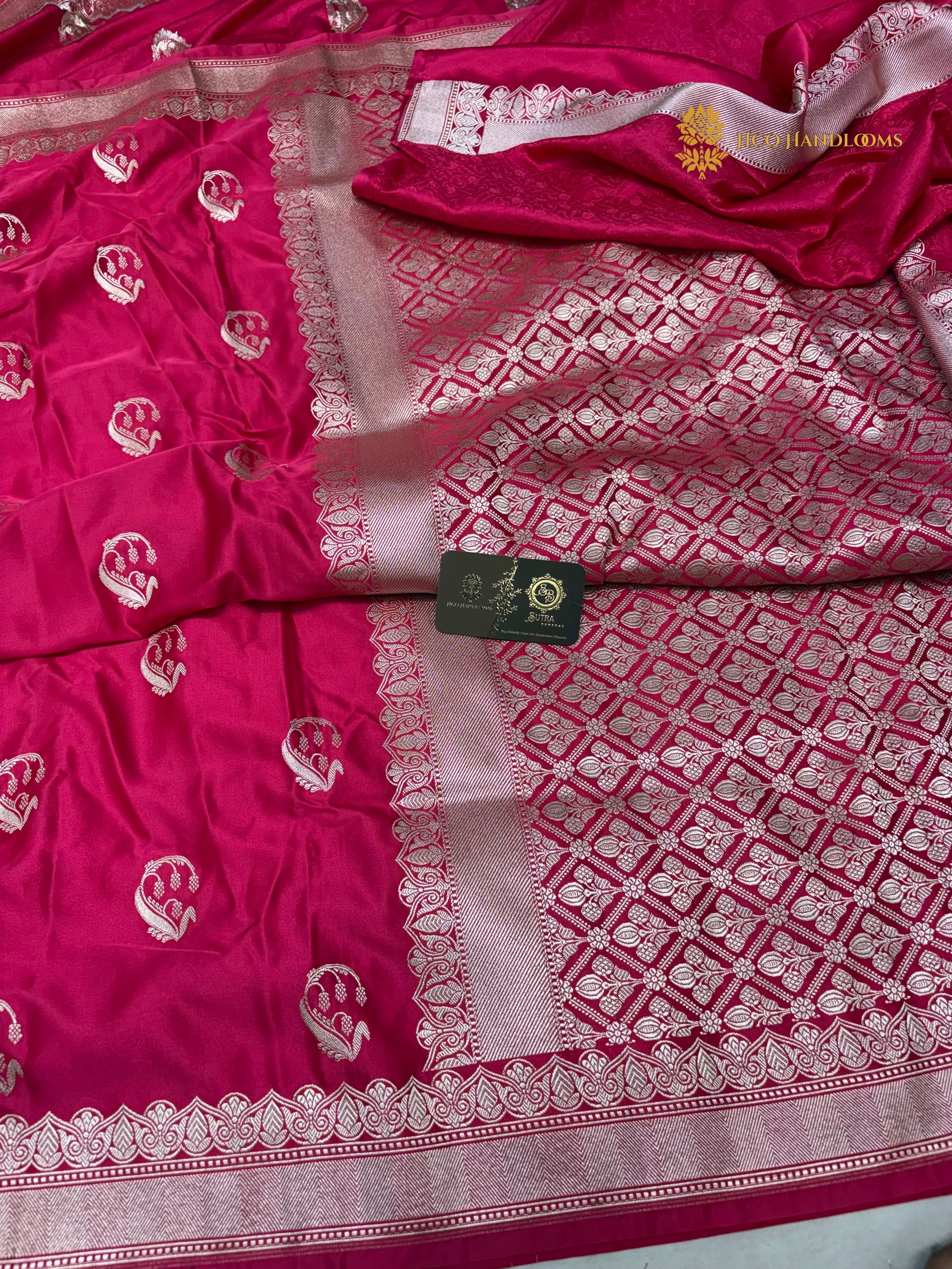 Rani Pink Premium Mashru Katan Silk Banarasi Saree - Floral Motifs