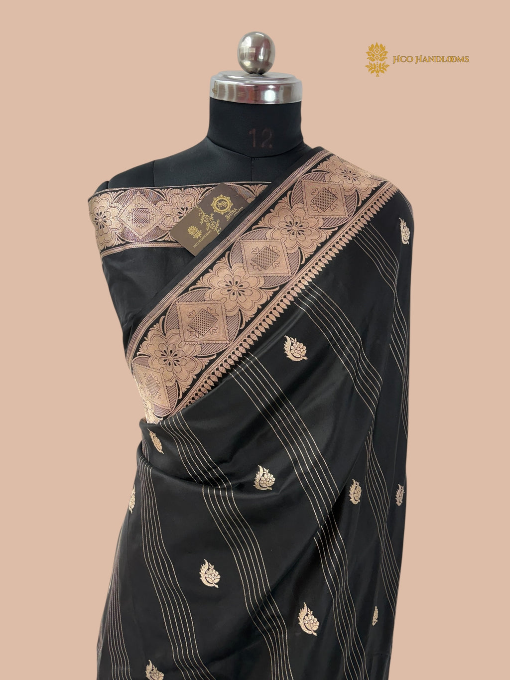 Regal Black Pure Katan Silk Handloom Banarasi saree - All Over Stripe Motifs