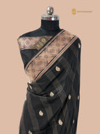 Regal Black Pure Katan Silk Handloom Banarasi saree - All Over Stripe Motifs