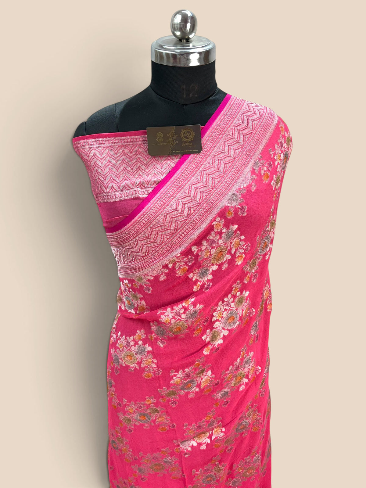 Pink Pure Khaddi Georgette Silk handloom Banarasi Saree - Water Zari
