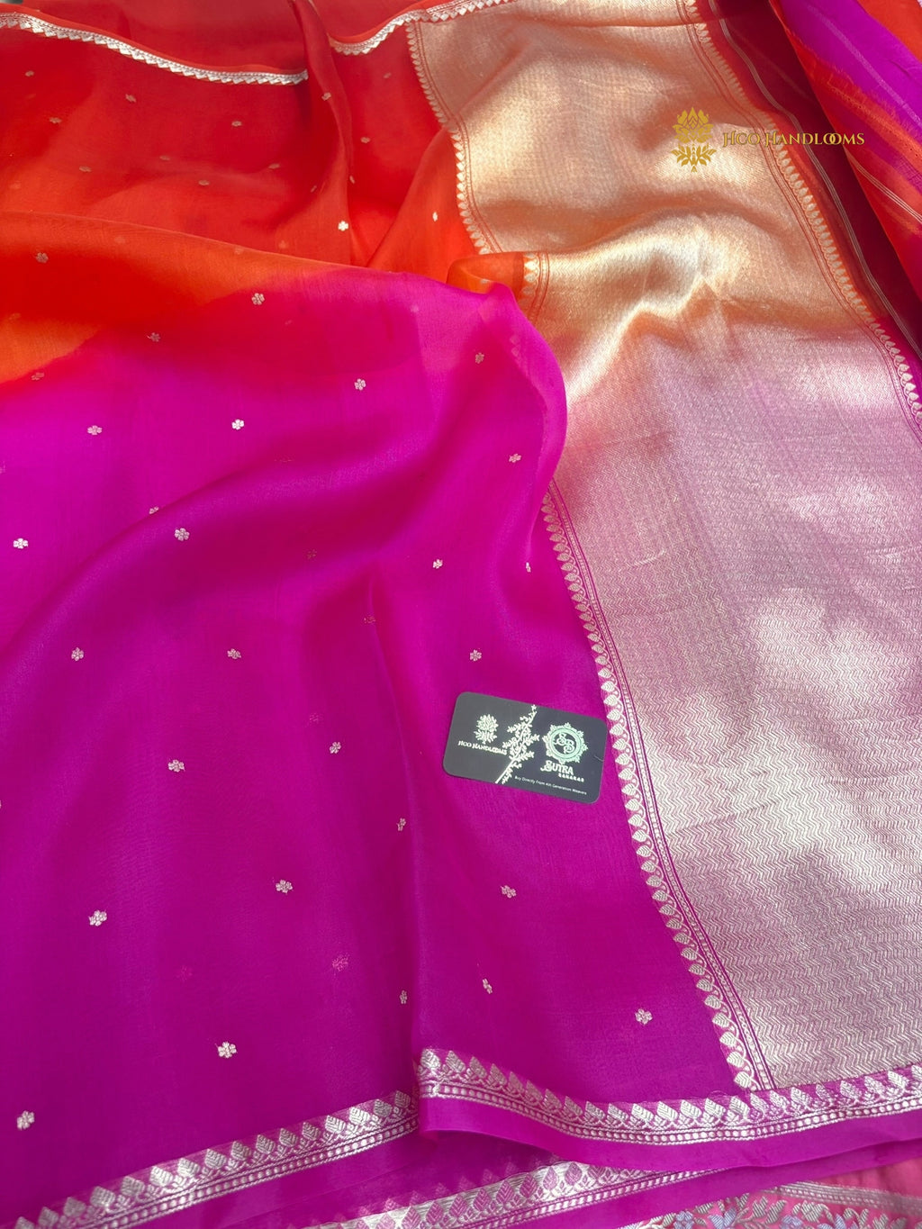 Orange & Pink Ombre Pure Kora Silk Handloom Banarasi Saree - All Over Small Buti