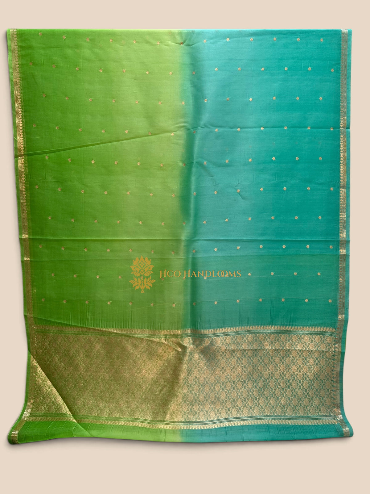 Green & Blue Pure Kora Silk Handloom Banarasi Saree - All Over Small Buti