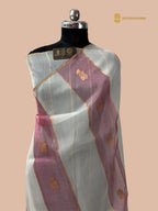 White & Pink Pure Kora Silk Handloom Banarasi Saree - All Over Stripe & Motifs