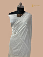 White Premium Mashru Katan Silk Banarasi Saree - All Over Plain Body