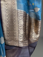 Regal Contrast Pure Kora Silk Handloom Banrasi Saree - All Over Kadhua Motifs