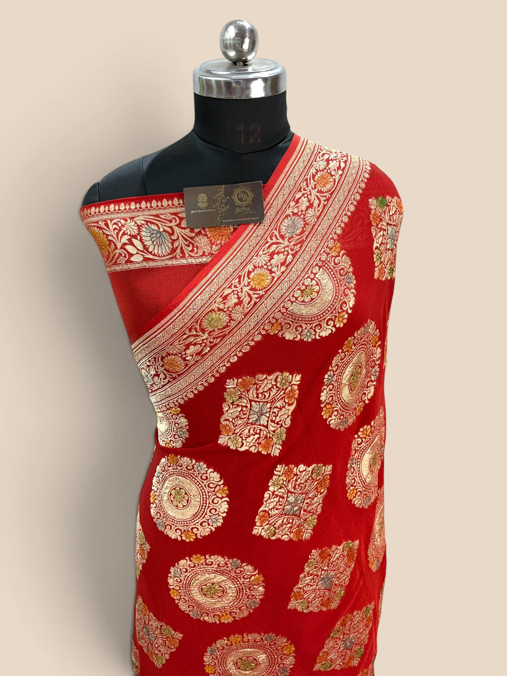 Red Pure Khaddi Georgette Silk handloom Banarasi Saree - Water Zari