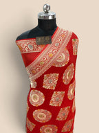 Red Pure Khaddi Georgette Silk handloom Banarasi Saree - Water Zari