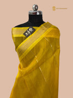 Regal Yellow Pure Kora Silk Handloom Banarasi Saree - All Over Stripes