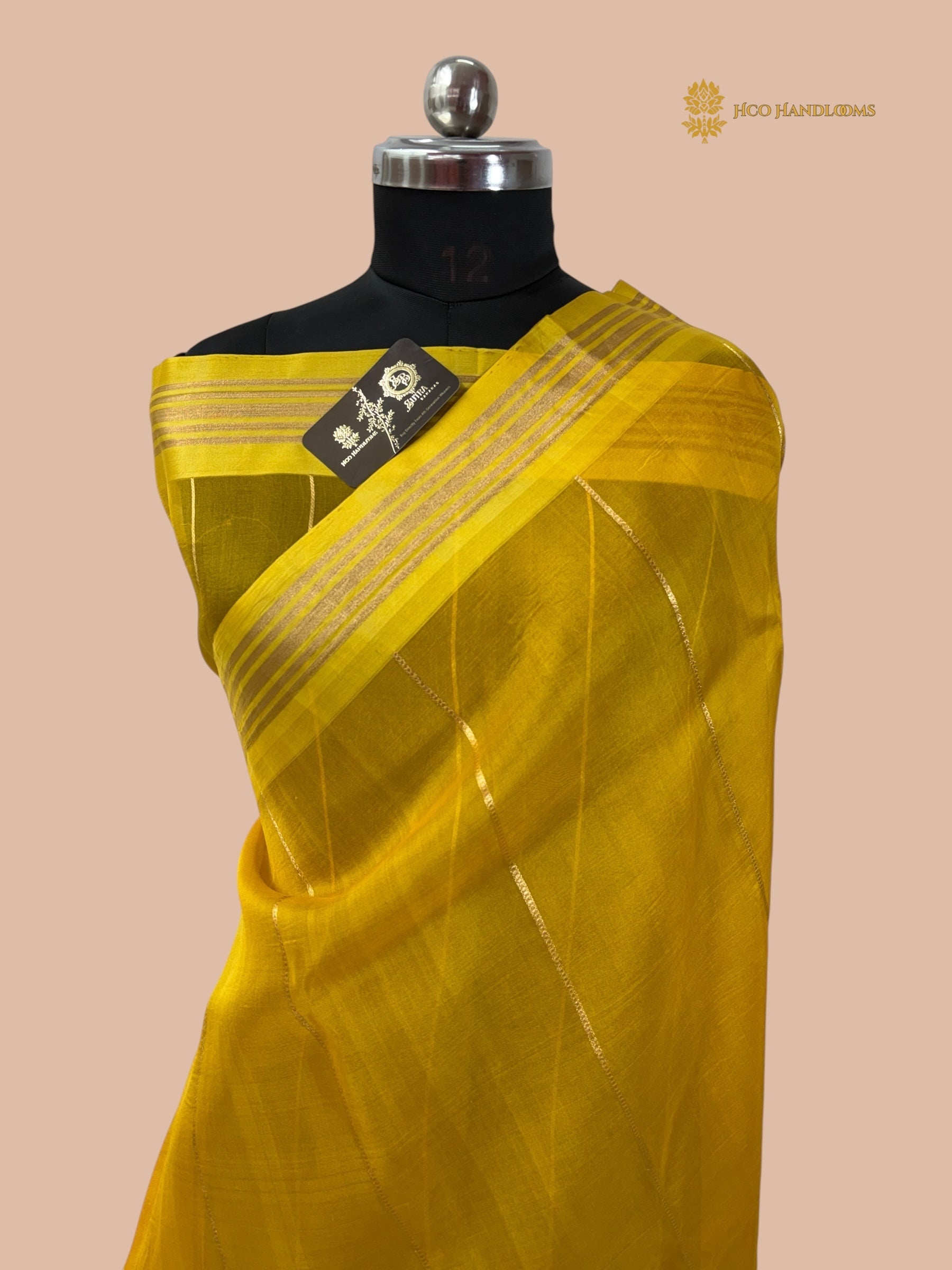 Regal Yellow Pure Kora Silk Handloom Banarasi Saree - All Over Stripes