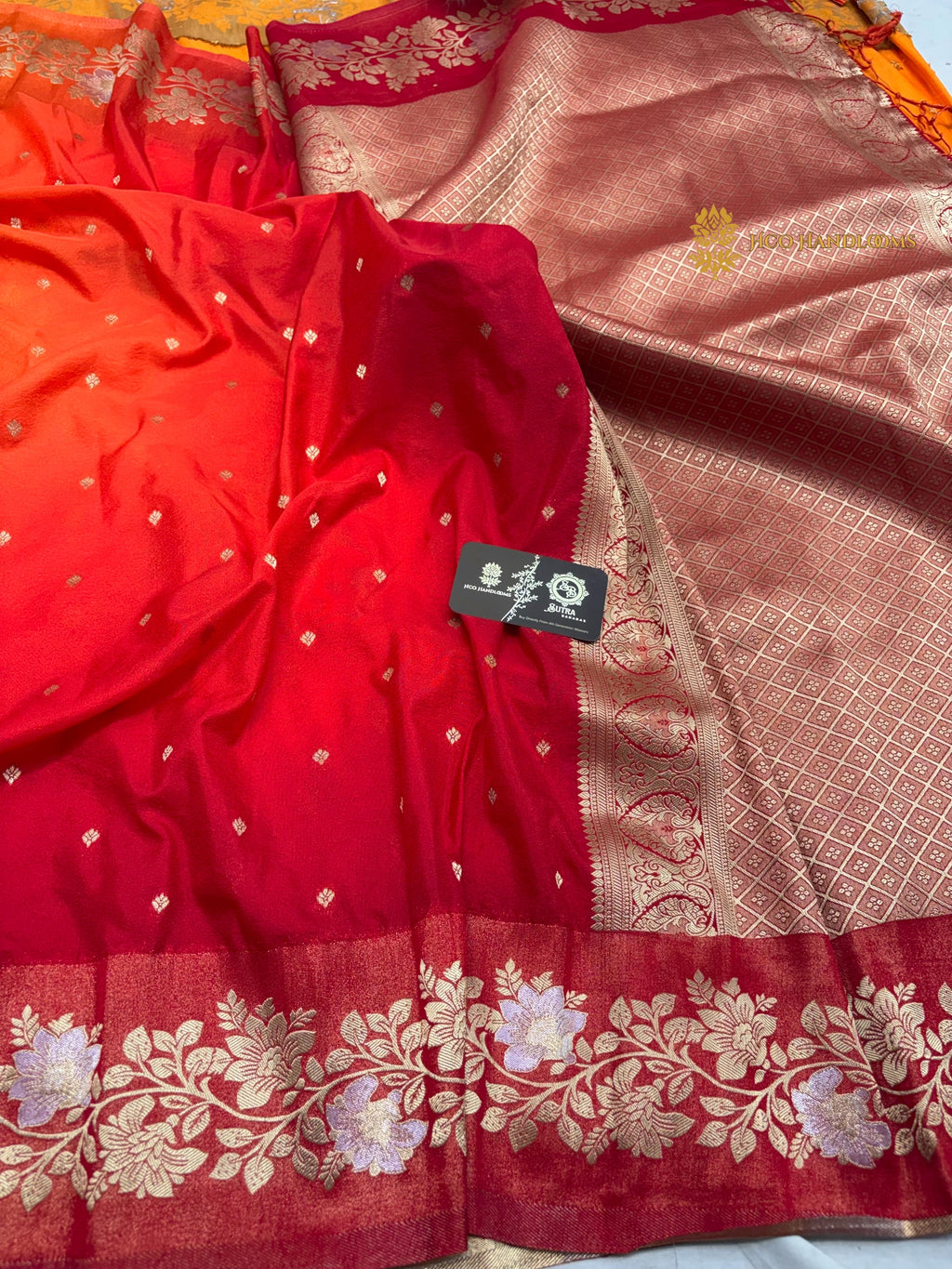 Orange To Red Gradient Premium Soft Silk Banarasi Saree - All Over Motifs