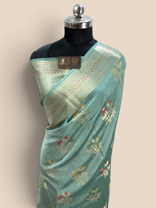 Light Blue Pure Chiniya Silk Handloom Banarasi Saree - All Over Meenakari Motifs