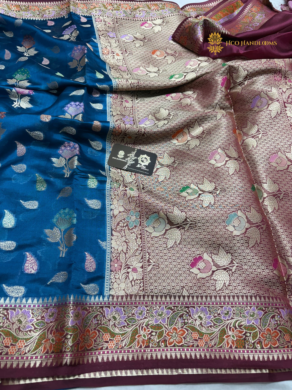 Contrast Pure Mango Katan Silk Banarasi Saree - All Over Meenakari Jaal