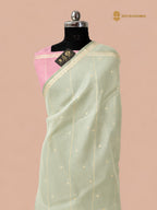 Light Pista Green Pure Kora Silk Handloom Banarasi Saree - All Over Small Buti