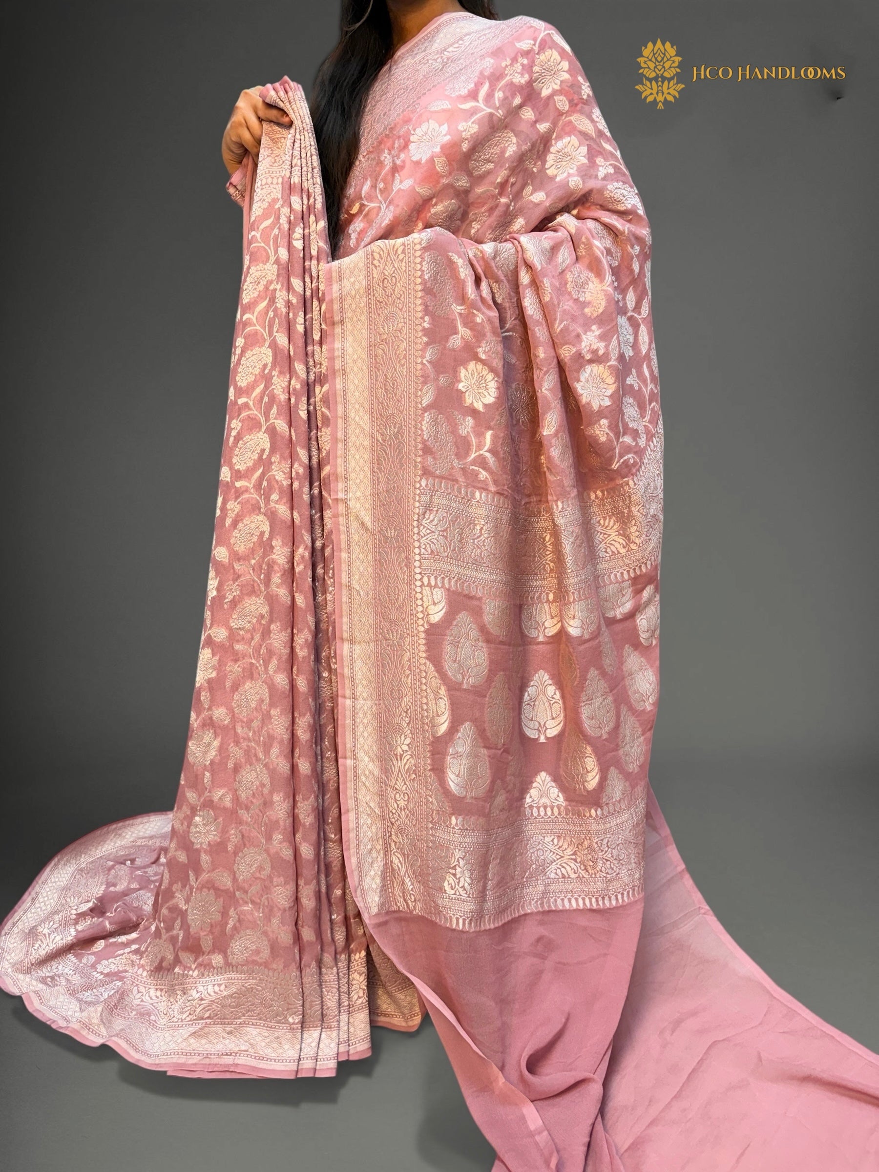 Pure Khaddi Georgette Silk Handloom Banarasi Saree - All Over Floral Jangla