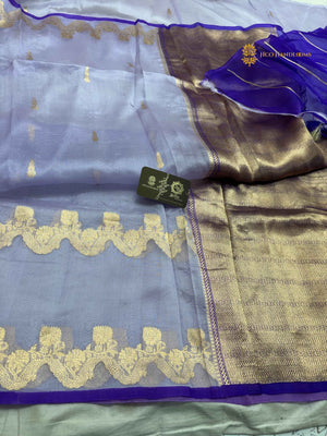 Blue Pure Kora Silk Handloom Banarasi Saree - All Over Kadhua Motifs & Skirt Border