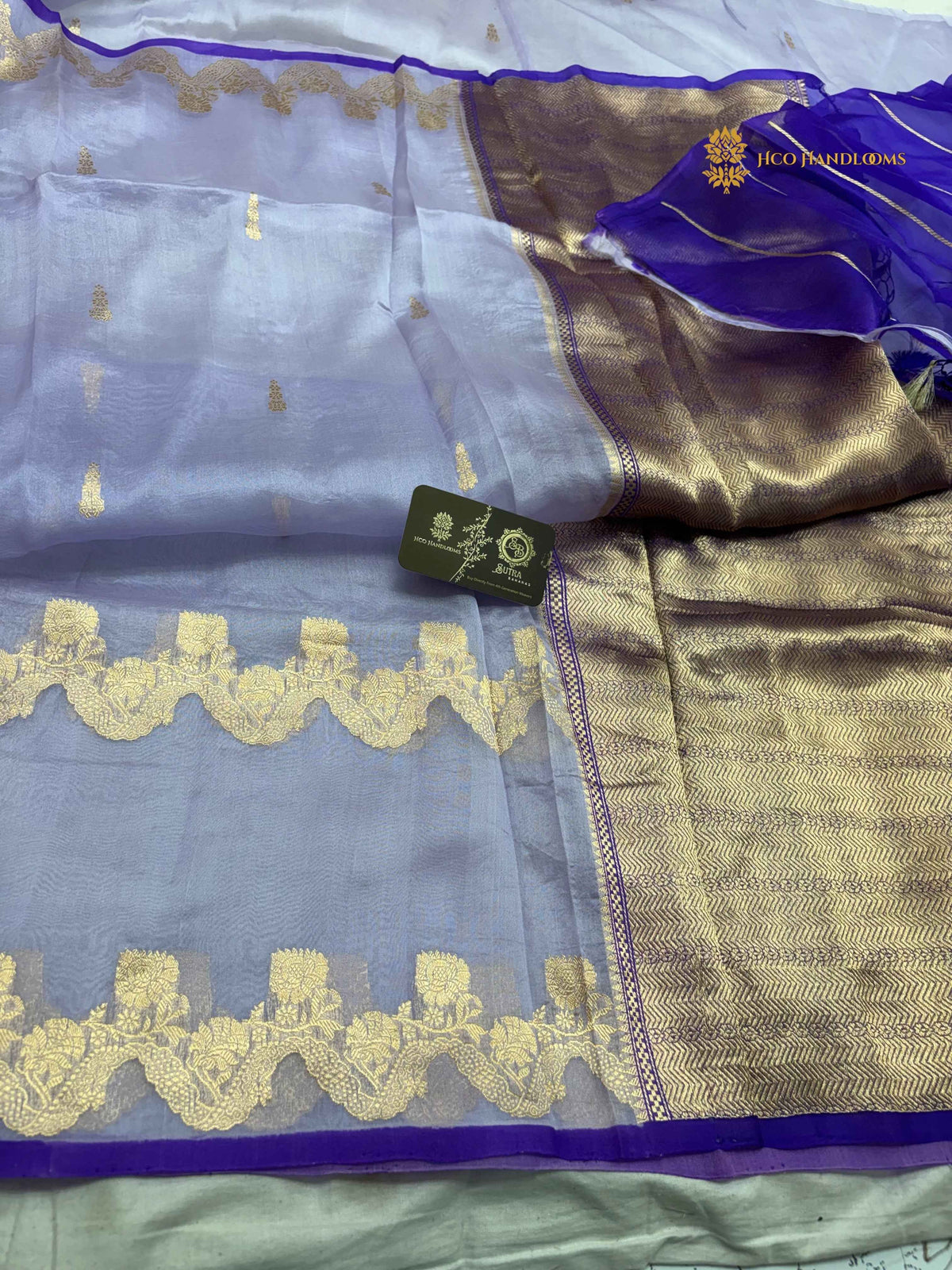 Blue Pure Kora Silk Handloom Banarasi Saree - All Over Kadhua Motifs & Skirt Border