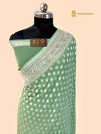 Pastel Green Pure Khaddi Georgette Silk Handloom Banarasi Saree