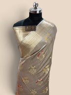 Gray Pure Chiniya Silk Handloom Banarasi Saree - All Over Meenakari Motifs