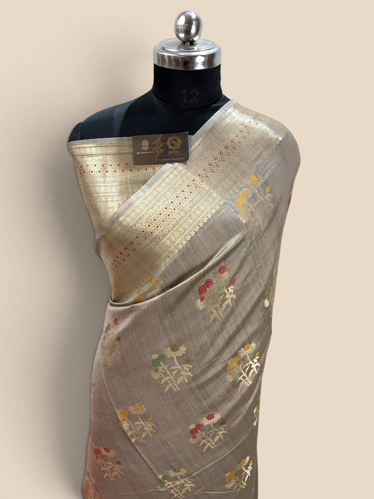 Gray Pure Chiniya Silk Handloom Banarasi Saree - All Over Meenakari Motifs