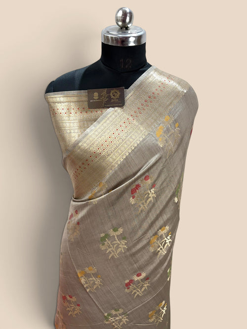Gray Pure Chiniya Silk Handloom Banarasi Saree - All Over Meenakari Motifs