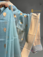 Regal Light Blue Pure Kora Silk Handloom Banrasi Saree - All Over Kadhua Motifs