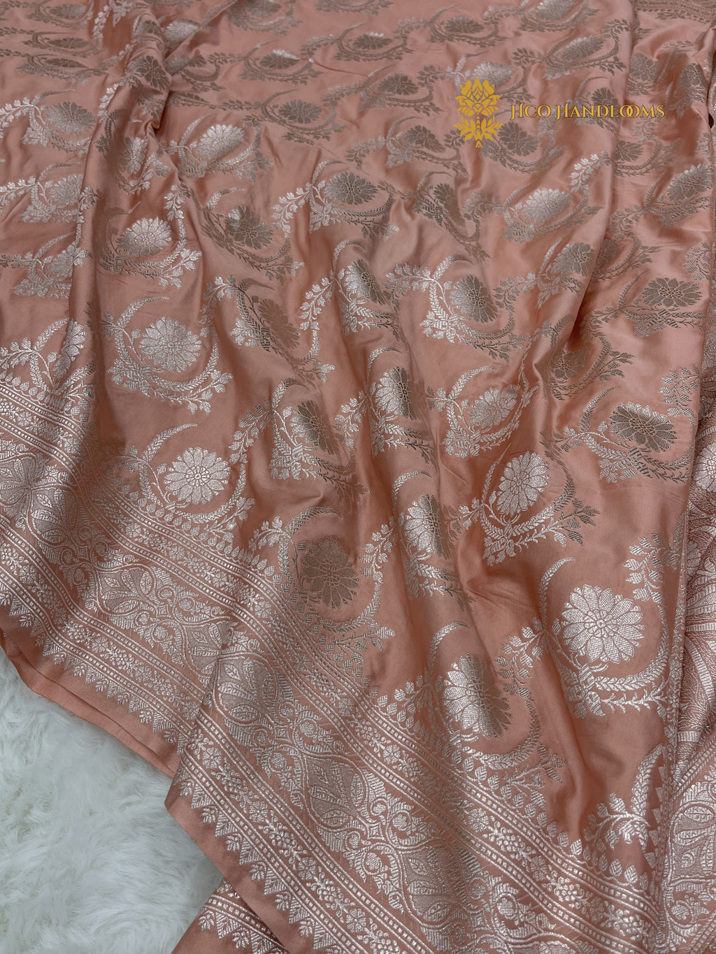 Peach Premium Mashru Katan Silk Banarasi Saree - All Over Jaal