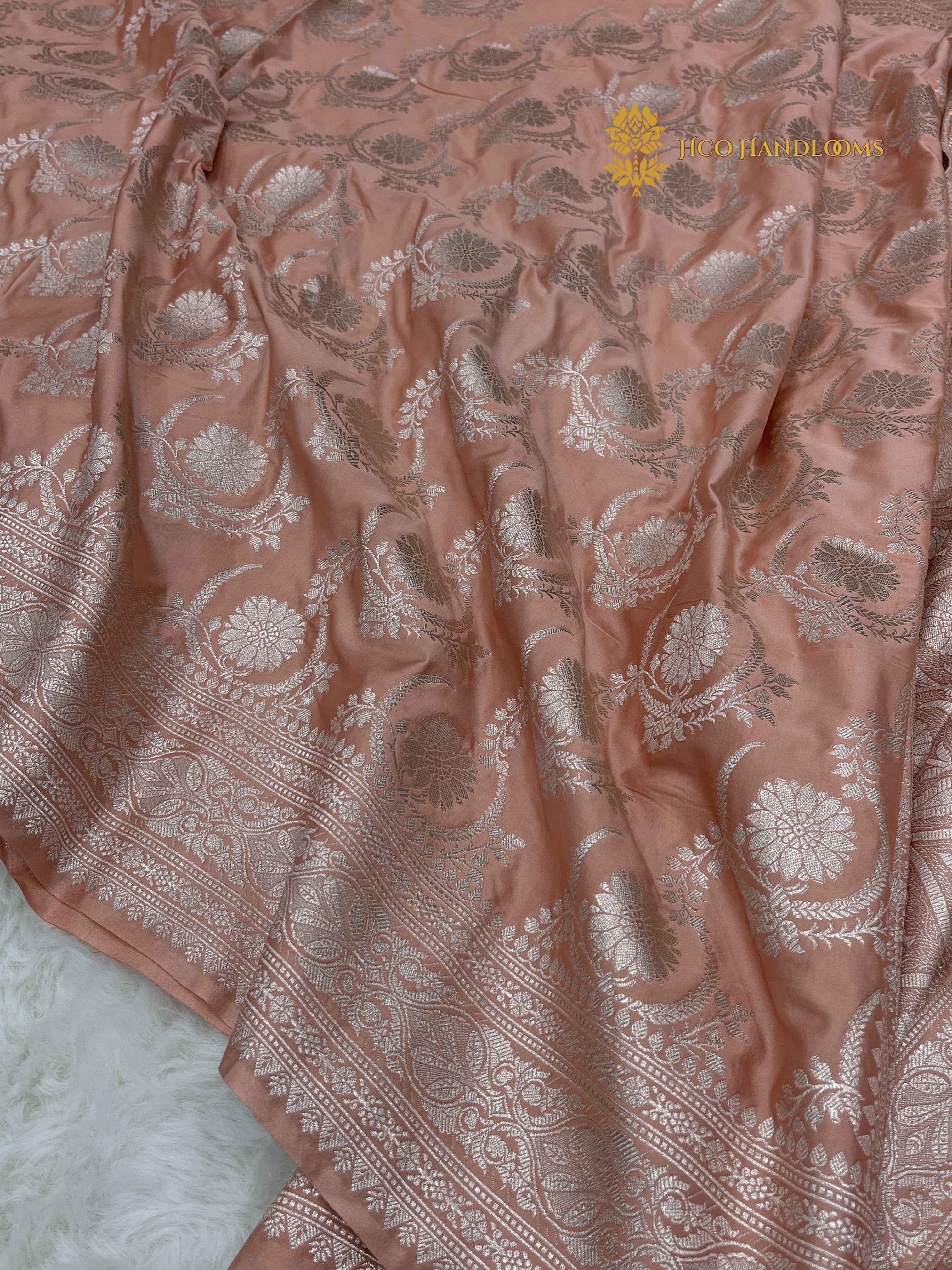 Peach Premium Mashru Katan Silk Banarasi Saree - All Over Jaal