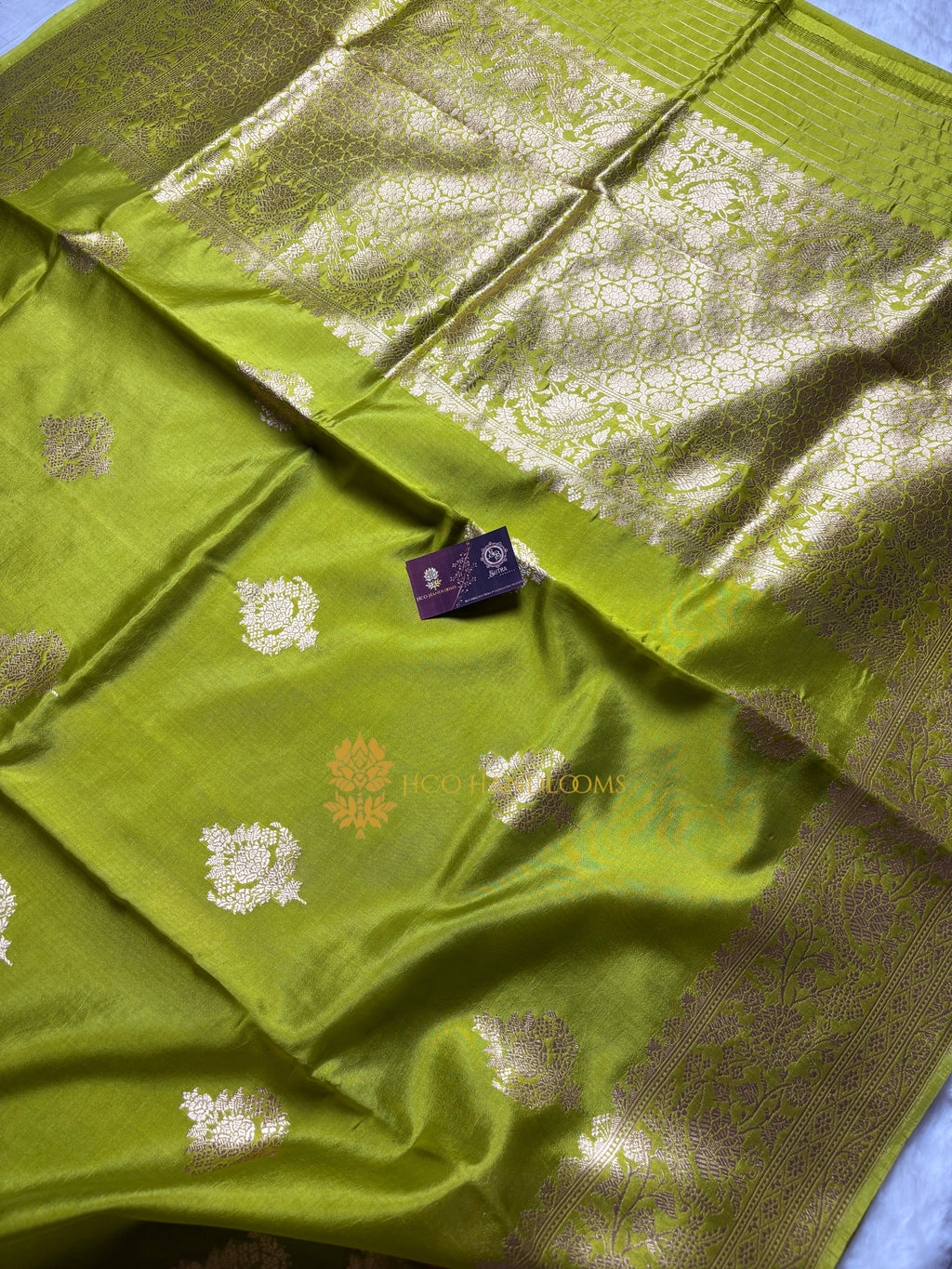 Pure Mango Katan Silk Handloom Banarasi Saree - All Over Kadhua Motifs