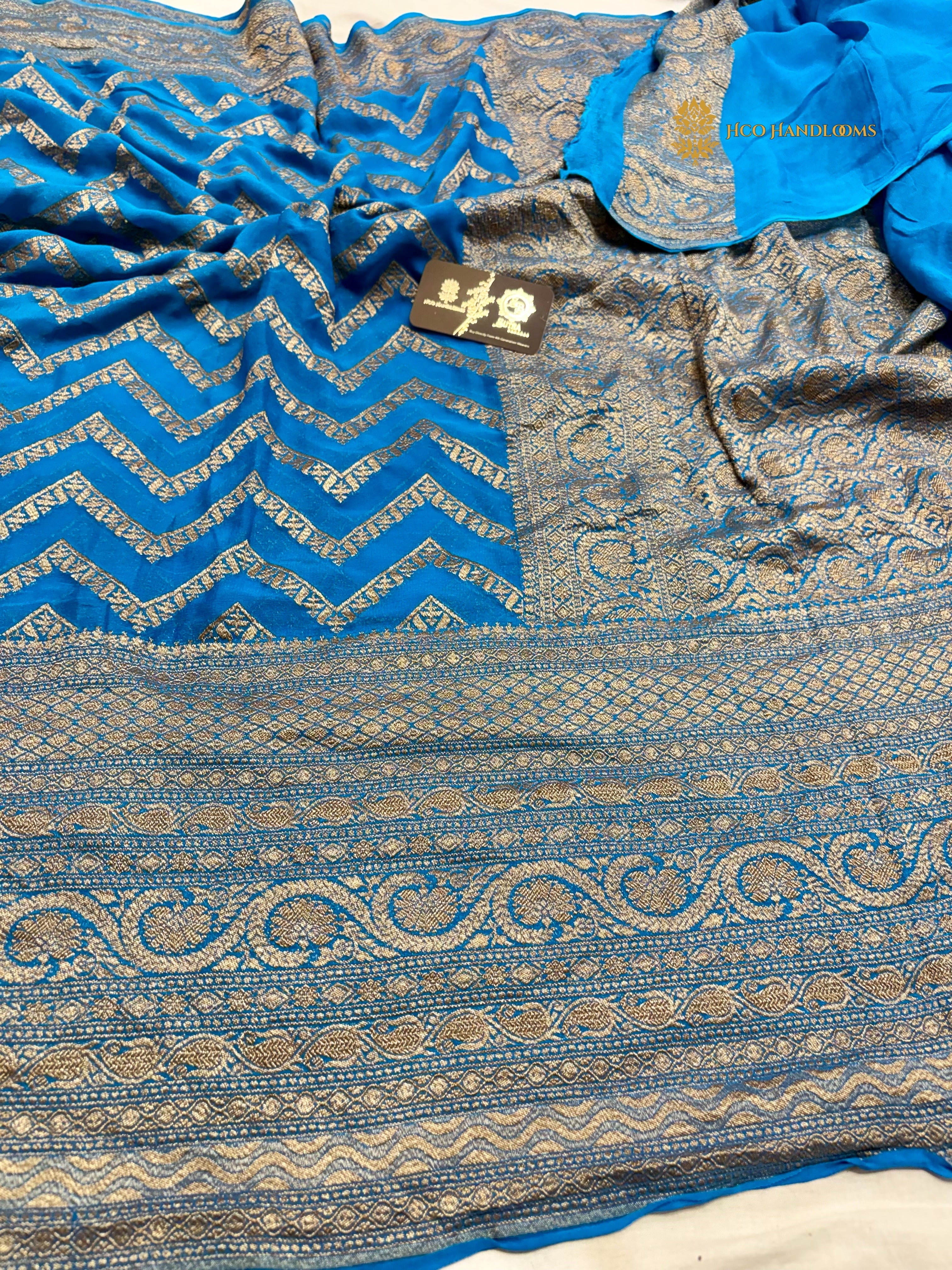 Blue Pure Khaddi Georgette Silk Handloom Banarasi Saree
