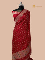 Regal Red Premium Mashru katan SIlk Banarasi Saree - All Over Stripe With Meenakari Skirt