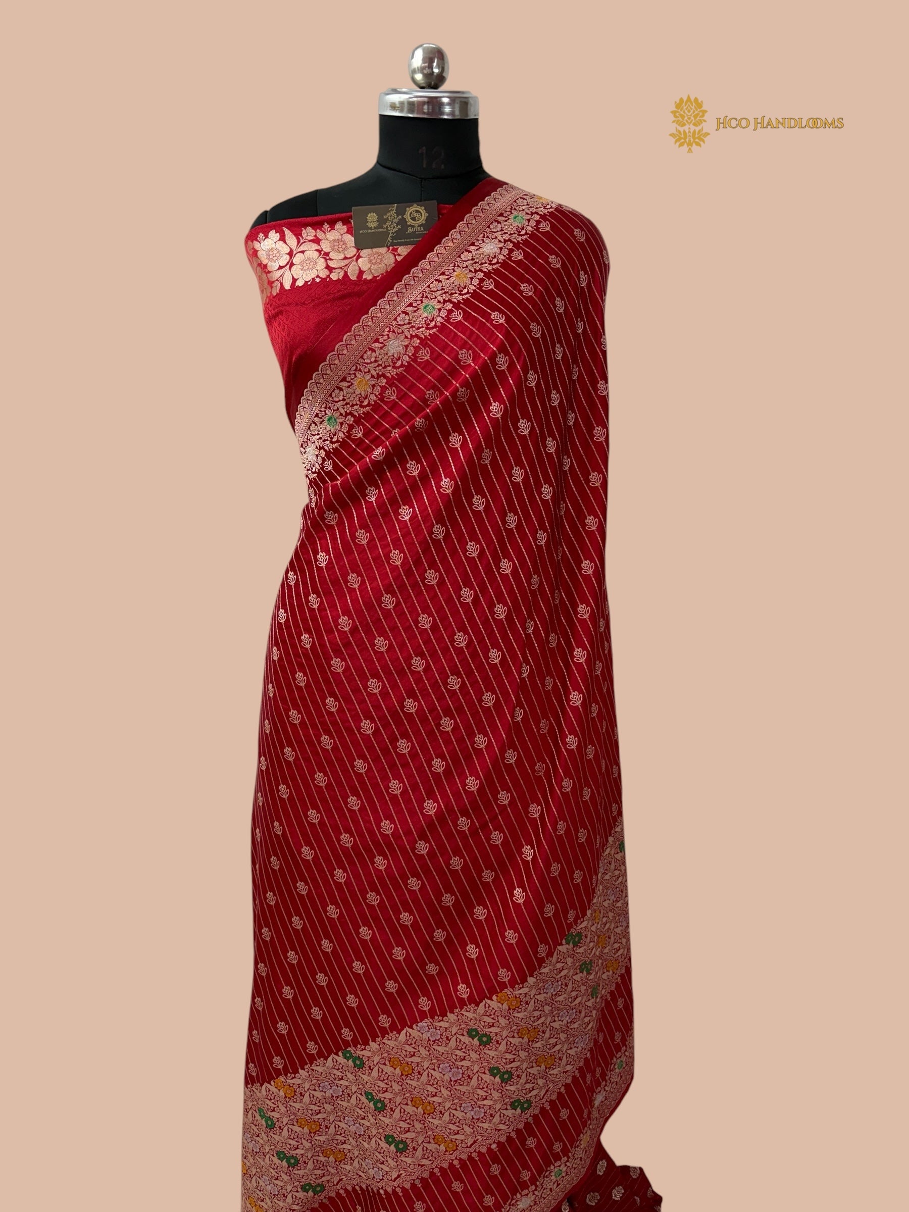 Regal Red Premium Mashru katan SIlk Banarasi Saree - All Over Stripe With Meenakari Skirt