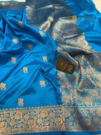 Light Blue Pure Katan Silk Handloom banarasi saree - All Over Kadhua Motifs